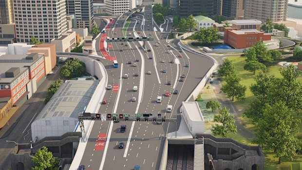 The final configuration of the roadway at the southern end of the Sydney Harbour Bridge.