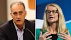 Wesfarmers CEO Rob Scott in split image with Aware Super boss Deanne Stewart 