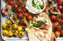 Blistered tomato, fig and crispy pita with herb dressing.