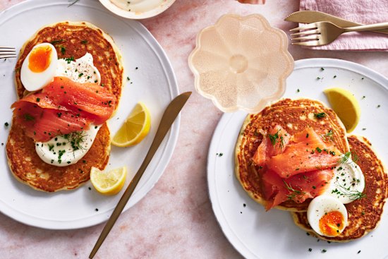 Julia Busuttil Nishimura’s chive pancakes with smoked salmon and creme fraiche.