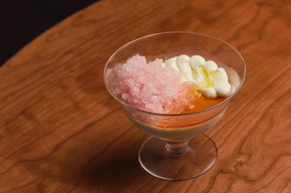 Clover’s panna cotta, blood orange granita and vermouth caramel