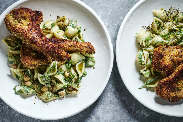 Crumbed lamb cutlets with pasta, green chilli and chickpea salad.