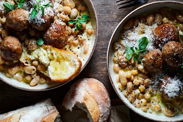 This warming recipe for braised beans and lamb meatballs uses mostly pantry ingredients.