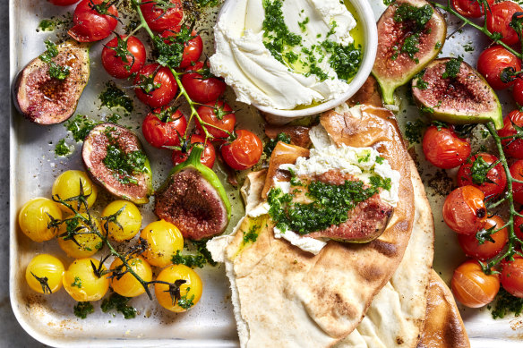 Blistered tomato, fig and crispy pita with herb dressing.