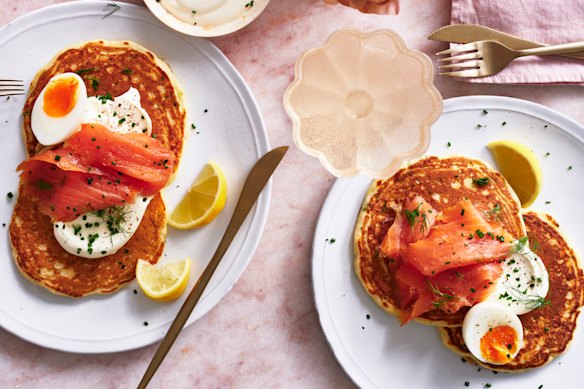Julia Busuttil Nishimura’s chive pancakes with smoked salmon and creme fraiche.