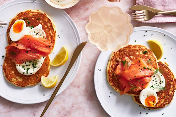 Julia Busuttil Nishimura’s chive pancakes with smoked salmon and creme fraiche.