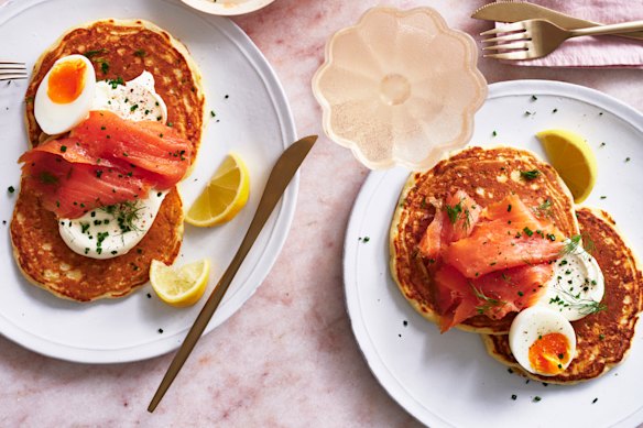 Julia Busuttil Nishimura’s chive pancakes with smoked salmon and creme fraiche.