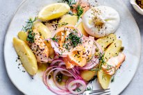 Hot-smoked salmon and potato salad with everything bagel dressing.