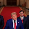 Trump, accompanied by Vice President JD Vance, Secretary of State Marco Rubio, and Defence Secretary Pete Hegseth speaks from the White House in Washington on Sunday AEST.