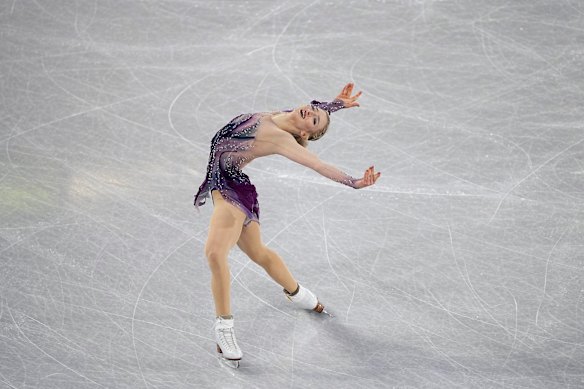 Amber Glenn, of the United States, competes in the women’s free skating segment at the ISU Grand Prix Finals of Figure Skating in Grenoble, France.