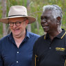 Prime Minister Anthony Albanese and Gumatj leader Djawa Yunupingu at the Garma Festival on Saturday.