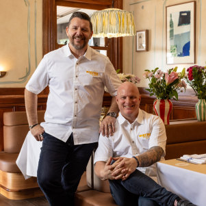 Manu Feildel with Laundy Hotel’s group executive chef Jamie Gannon.