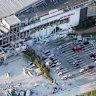 Aerial image showing the damaged AEON Mall after an earthquake in Kashima, Kumamoto prefecture, southern Japan.