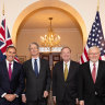 Treasurer Jim Chalmers, US Treasury Secretary Scott Bessent, director of Trump’s National Economic Council Kevin Hassett and US Ambassador Kevin Rudd in Washington DC, where they discussed trade and tariffs.