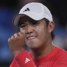 Learner Tien of the U.S. reacts during his second round match against Daniil Medvedev of Russia at the Australian Open tennis championship in Melbourne, Australia, in the early hours of Friday, Jan. 17, 2025. (AP Photo/Ng Han Guan)