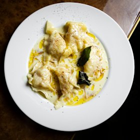 Prawn ravioli. 