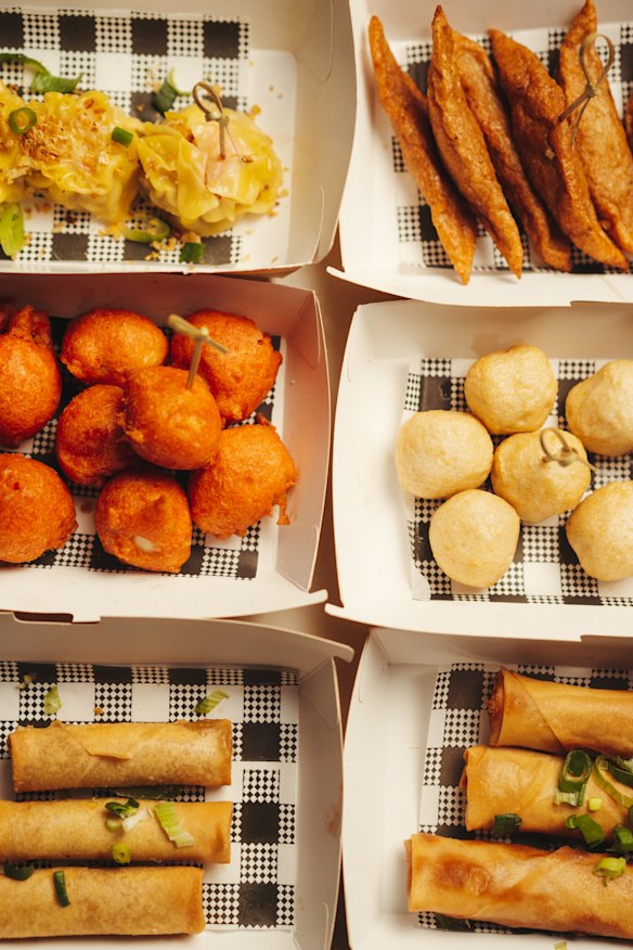 Fish balls, fried quail eggs and pork spring rolls.