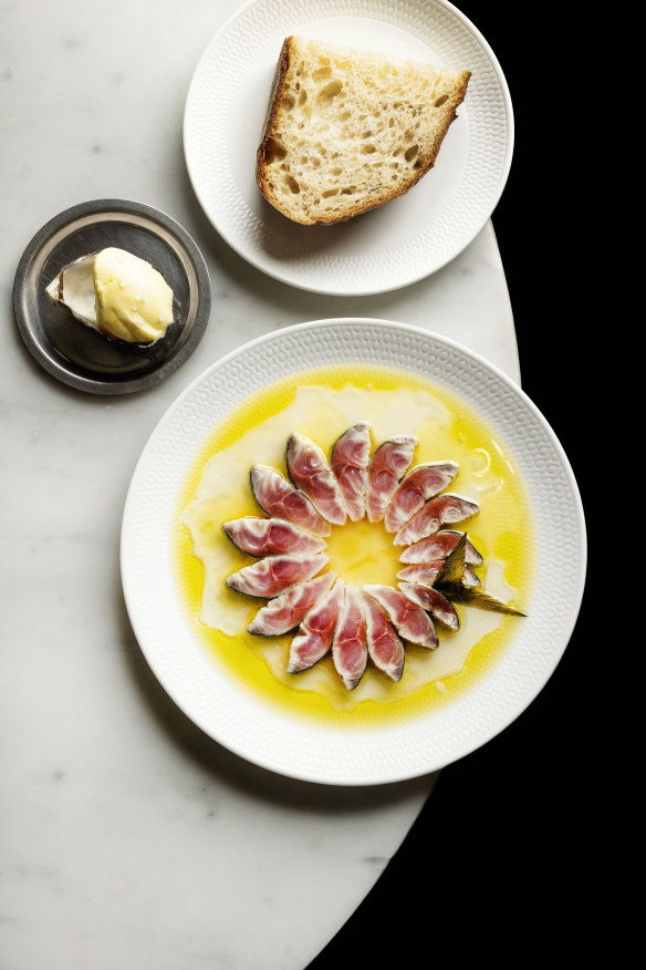 Josh Niland’s salt and vinegar blue mackerel in olive brine with bread and cultured butter at the new Saint Peter at the Grand National hotel.