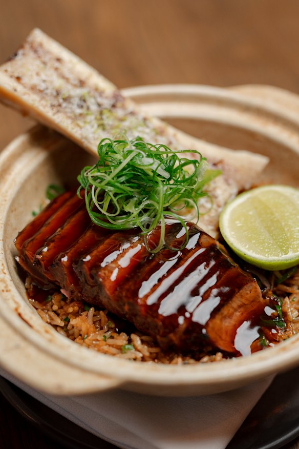 Chargrilled Angus beef shortrib with rice and roasted bone marrow at Askal.