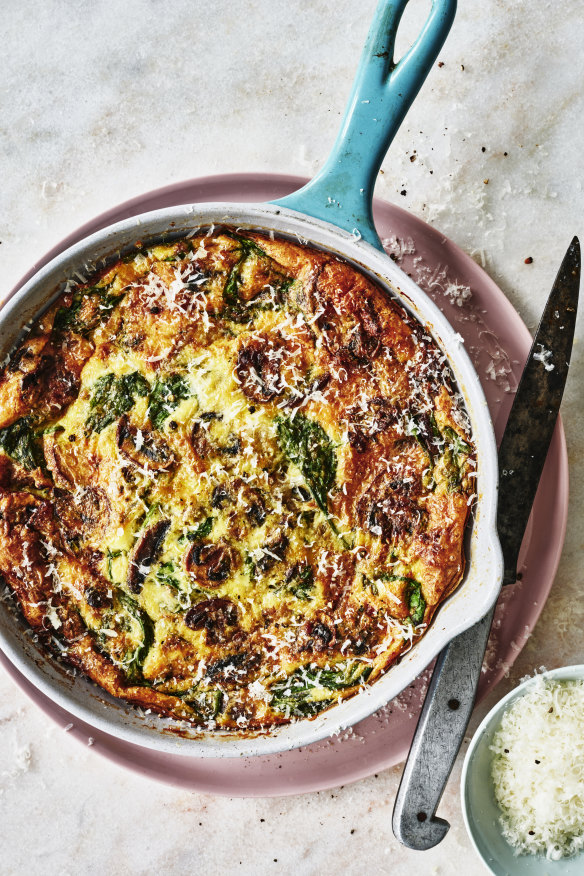 Adam Liaw’s mushroom and spinach frittata is perfect for the day after.