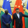 Thriving relationship. Solomon Islands Prime Minister Manasseh Sogavare and Chinese Premier Li Keqiang during a diplomatic visit to Beijing in 2019.