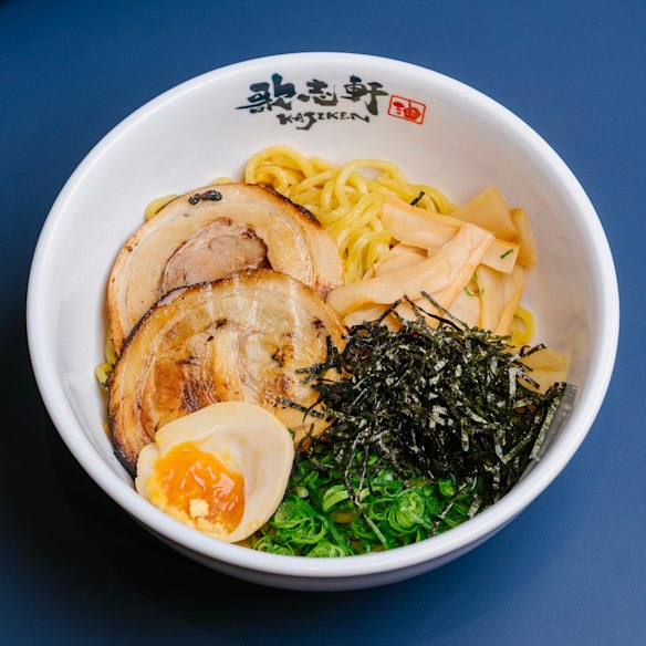 Kajiken’s original aburasoba bowl topped with chashu pork, nori, bamboo shoots and an ajitama egg.
