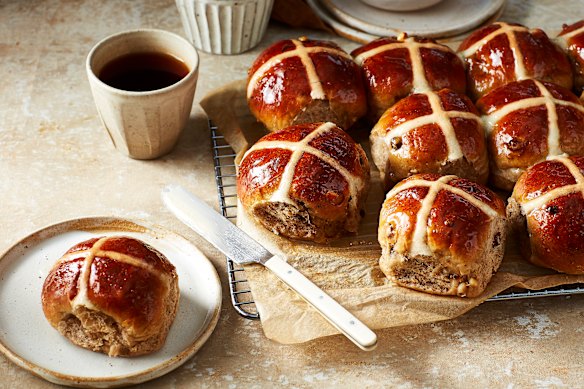These soft, fluffy hot cross buns are dotted with juicy rehydrated dried fruit.
