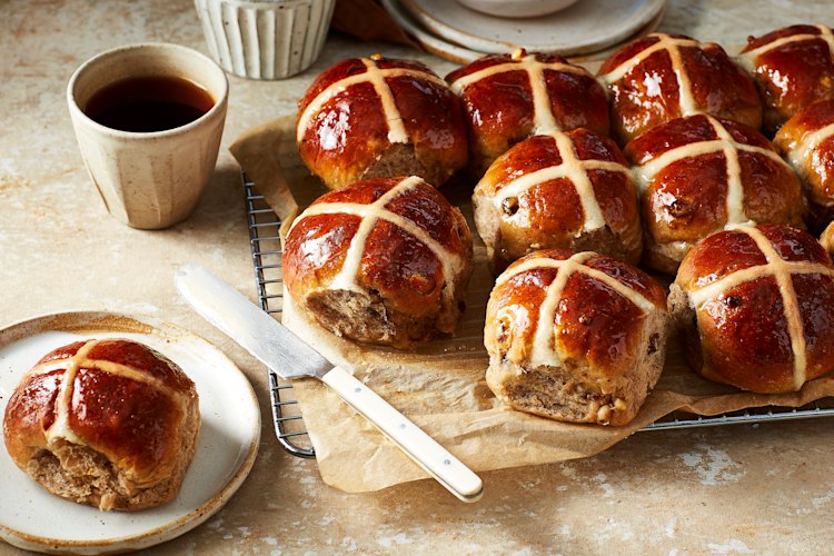 These soft, fluffy hot cross buns are dotted with juicy rehydrated dried fruit.