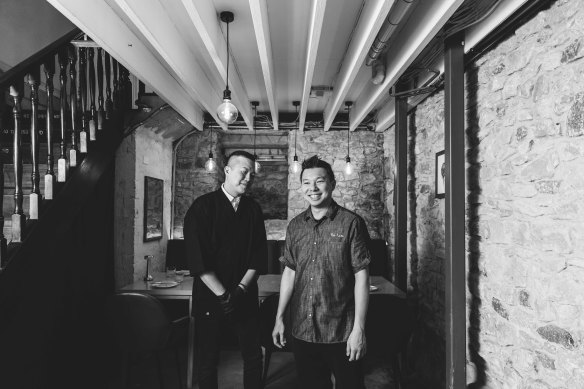 Bartender Charles Chang (left) with former Sushi E and Sokyo chef Ha Chuen Wai.