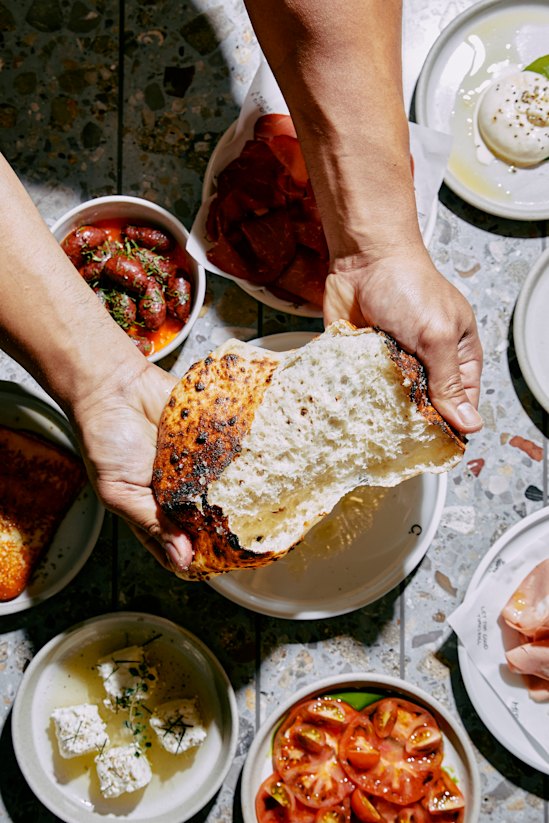 Wood-fired pita bread and burrata.
