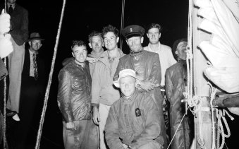The crew of winning yacht Rani are pictured on their arrival in Hobart on January 1, 1946
