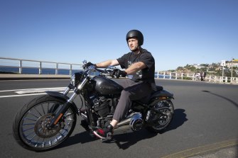 Easy rider: Jai Arrow cruises around Bronte Beach on his Harley Breakout 114 this week.