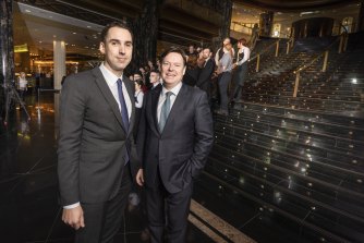 Blackstone’s Chris Tynan and Crown Resorts CEO Steve McCann on Friday after the US giant took over Crown.