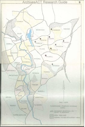 This plan of proposed suburb names of Tuggeranong shows the Tuggeranong Parkway running to the west of Kambah and suburban development on the western side of the Murrumbidgee River.