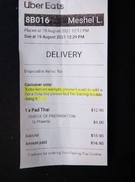 Receipt for home delivery from Feeling Thai Cuisine.
