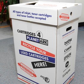 A box that printer cartridges are put into for collection.