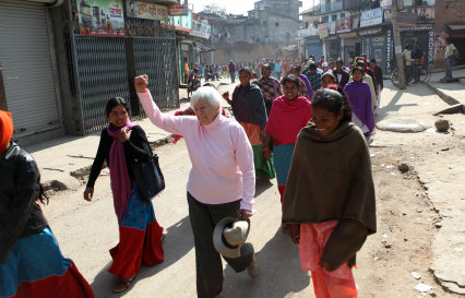 Olga Murray marches with hundreds of freed domestic slaves in Ghorahi, Nepal, 2009.