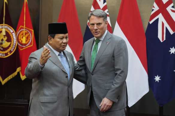 Indonesian Defence Minister Prabowo Subianto with his Australian counterpart, Richard Marles, during their meeting in Jakarta in June.