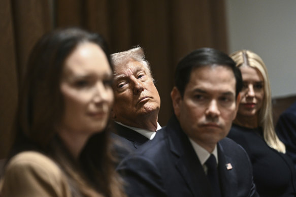 President Donald Trump at a cabinet meeting in the White House on Monday with Secretary of State Marco Rubio (centre, right), Attorney-General Pam Bondi (right) and Agriculture Secretary Brooke Rollins (left)