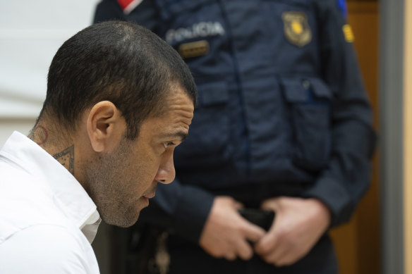 Brazilian soccer star Dani Alves sits during his trial in Barcelona, Spain, on February 5.