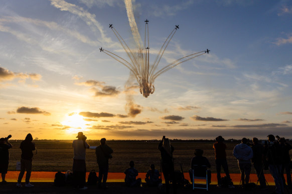 The RAAF Roulettes, pictured here performing in March at Avalon, were in the skies over the grand prix.