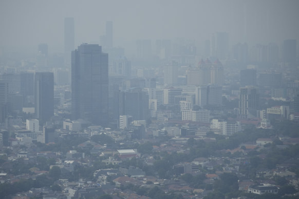 Haze blankets the main business district in Jakarta earlier this month.