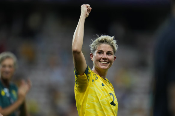 Michelle Heyman celebrates the Matildas’ win over Zambia.