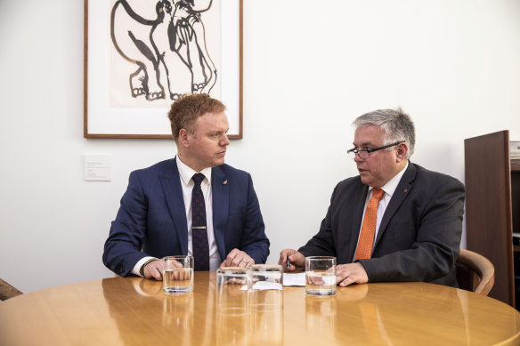 ATO whistleblower Richard Boyle, left, with then-senator Rex Patrick in July 2019.