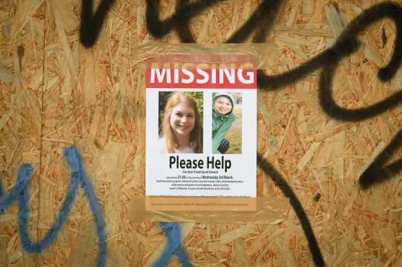Posters are seen along the last known route as the hunt for missing woman Sarah Everard enters it’s fifth day in London, England. 