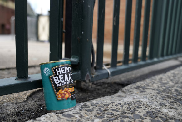 A can of baked beans left by a fan at the gates of the SCG on Saturday.