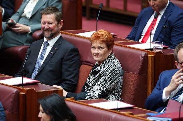 One Nation leader Senator Pauline Hanson during a division in the Senate at Parliament House in Canberra this week. 