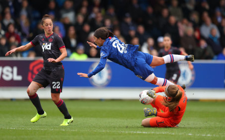 Reading goalkeeper Grace Moloney earned a red card for this first-half foul on Sam Kerr.