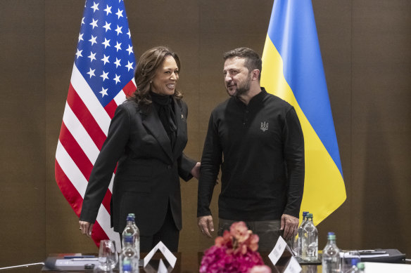 US Vice President Kamala Harris and Ukrainian President Volodymyr Zelensky at the Burgenstock resort in Switzerland.
