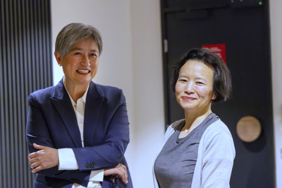 Foreign Minister Penny Wong with Australian journalist Cheng Lei at Melbourne Airport in October after she was released from three years in detention in China. 